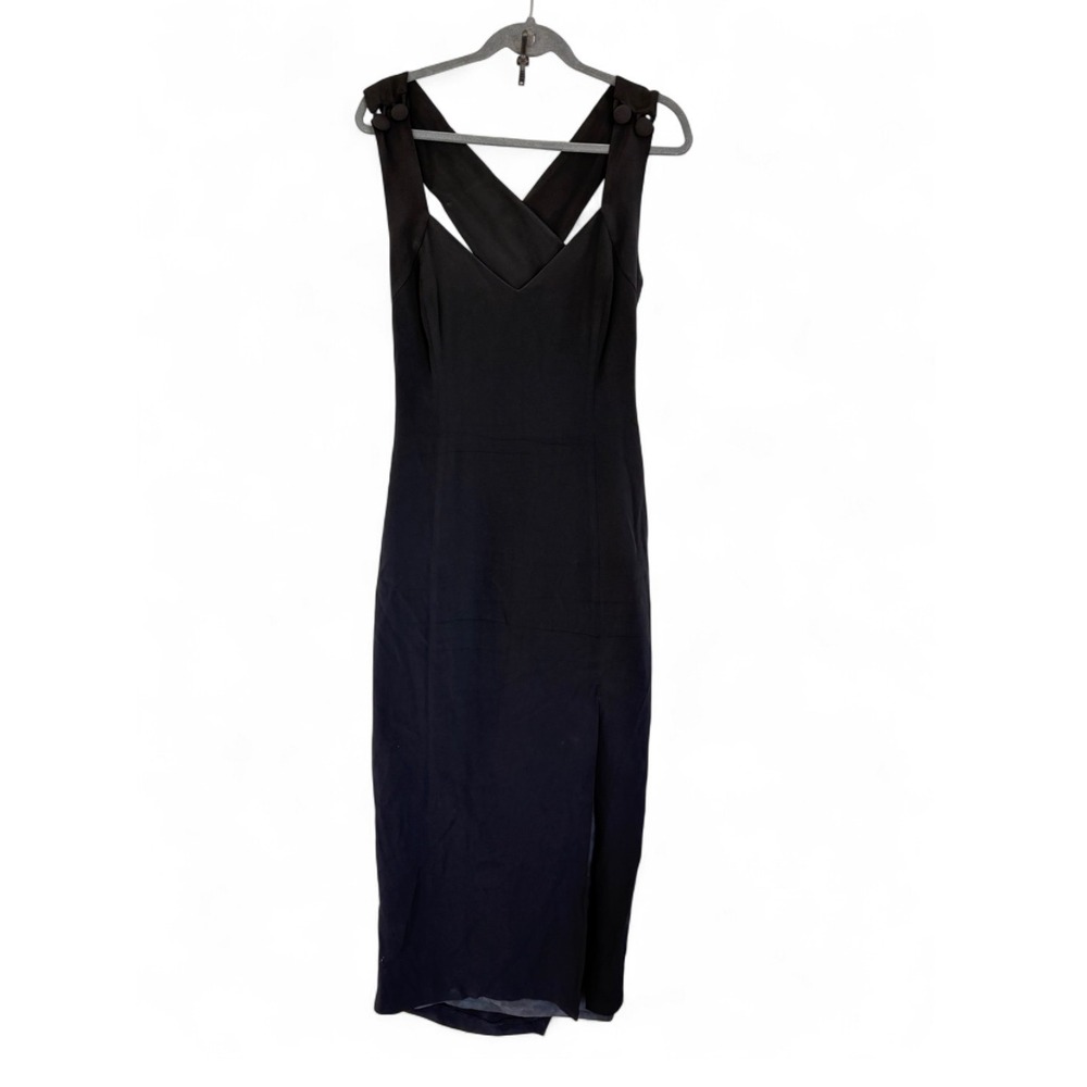 Vintage Ashlee California Black Strap Cutout Back Midi Dress with Front Slit LBD